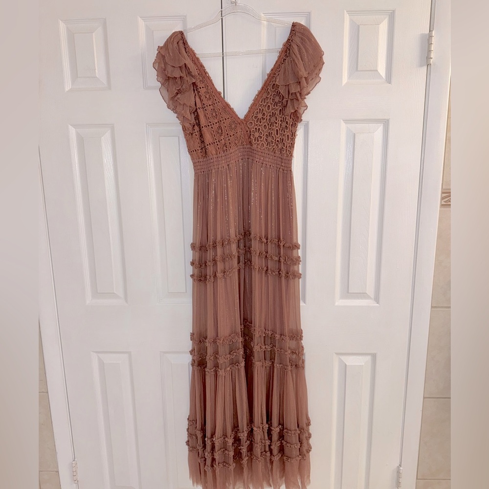 Free People: Worn Once - Elegant Mauve Lace Maxi Dress Size Medium